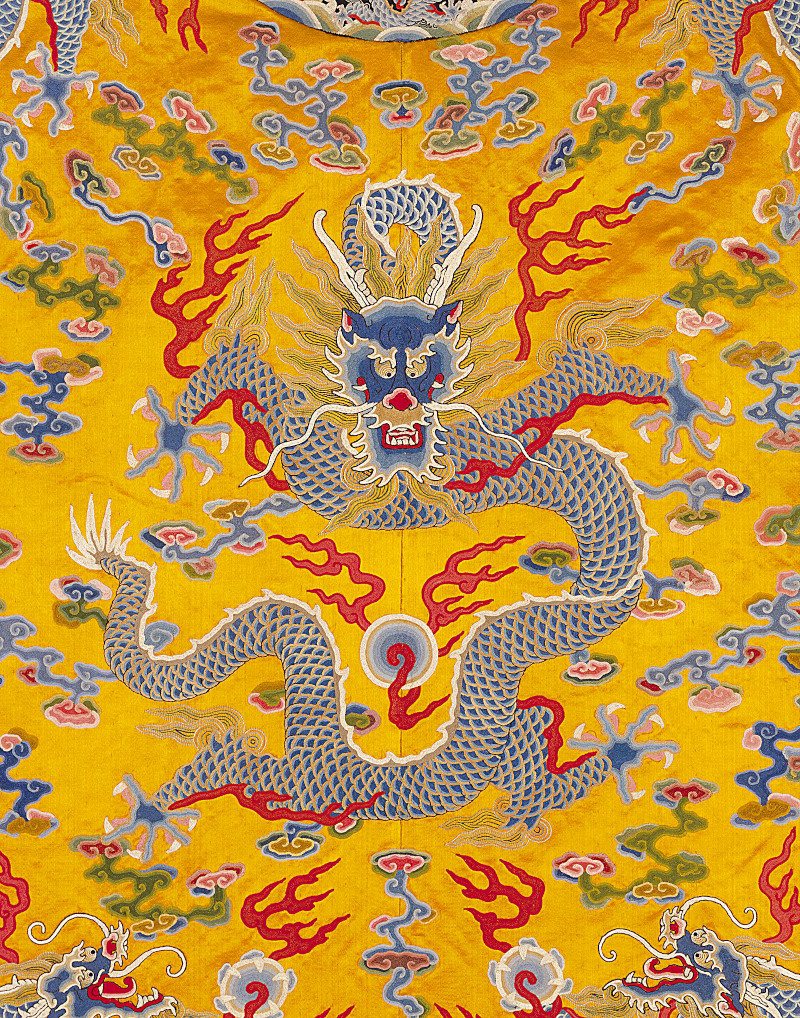 Silk Embroidered with Nine 5-Clawed Dragons in Gold